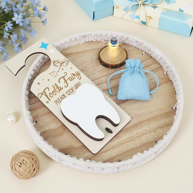 AINBIN Tooth Fairy Door Hanger, Tooth Fairy Tooth Holder Kit with Money Slot Keepsake Bottle Burlap Pouch & Upgrade Night Light, Wooden Encourage Gift for Kids Children Boys Girls Lost Teeth (Blue) - Image 4